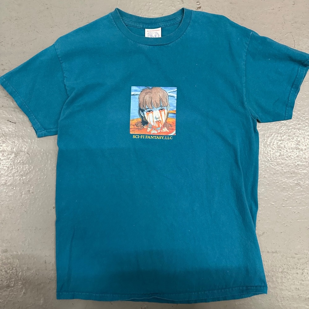 Sci-Fi Fantasy Mens Medium Teal Graphic T-Shirt Preowned Anime Art Skateboarding